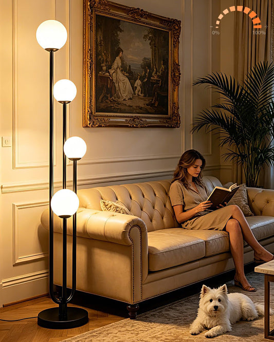 63IN 4-Light Globe Floor Lamp, Unique Black Tall Standing Lamps with 3000K Bulbs for Reading, Mid Century Modern Floor Lamp with 5Lbs Heavy Base for Living Room Bedroom Office
