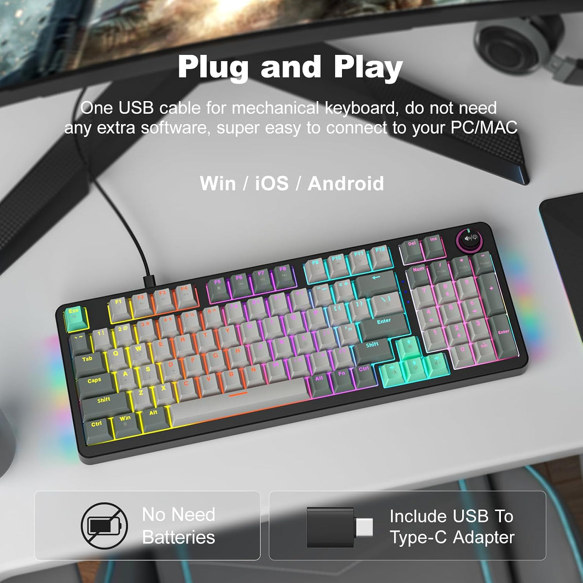 MOFII AK96 Mechanical Gaming Keyboard, Full Keys LED Backlit Programmable, Plug and Play USB A/C Wired Computer Custom Keyboard with Sound/Light Control Knob for Win/Mac - Gray & Black