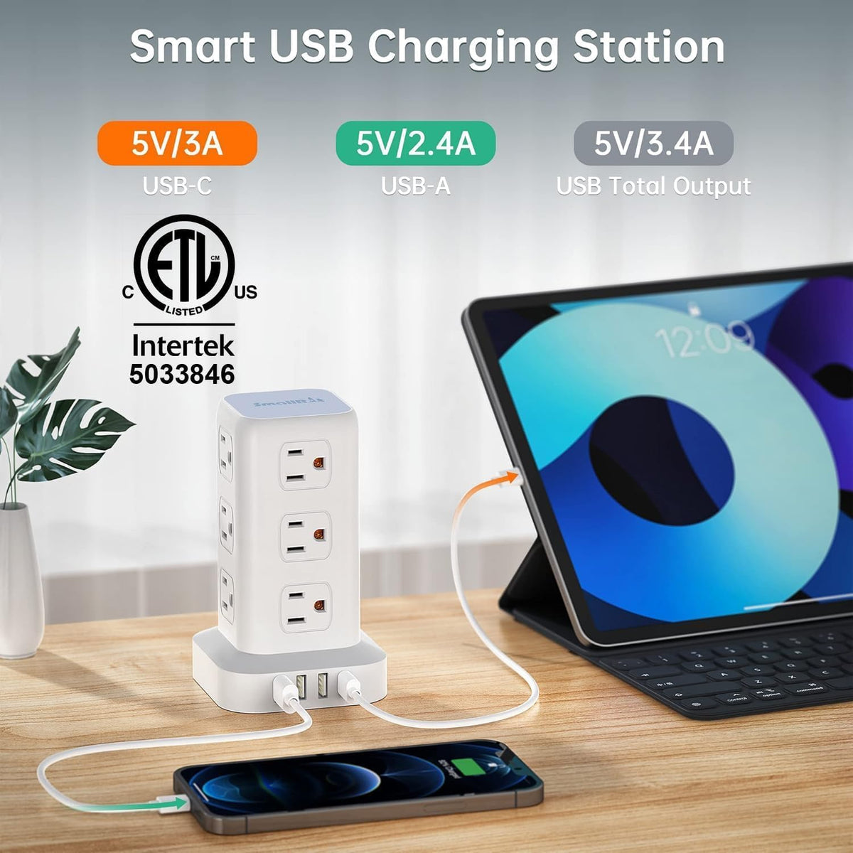 6.5Ft Power Strip Tower with 12 Widely Outlets & 4 USB Ports