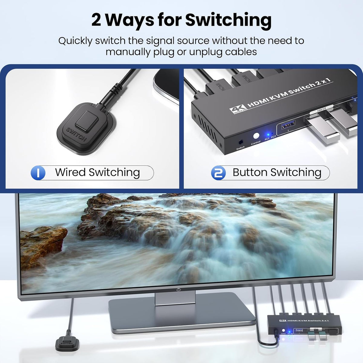 HDMI KVM Switch 1 Monitor 2 Computers, USB 3.0 4K60Hz 2 Port KVM Switch for Controlling 2 PCs with 1 Set of Keyboard Mouse and 1 Monitor