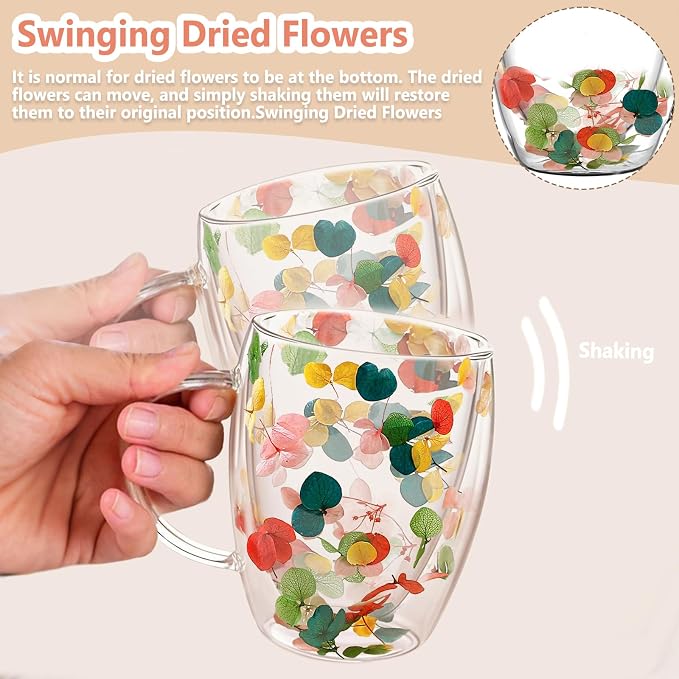 Gifts for Women Dried Flowers Double Wall Glass Coffee Mugs Cute Glass Tea Cups