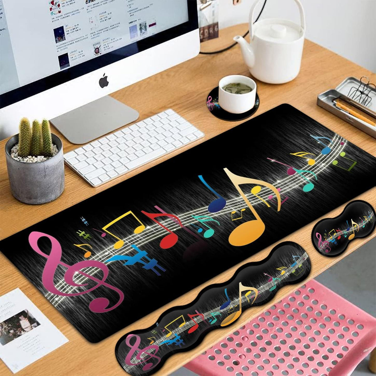 Large Mouse Pad, Extended Gaming Mouse Pad 31.5x11.8 Ergonomic Memory Foam Keyboard Wrist Rest Support,for Home Laptop Working Big Office Desk Pad with Non-Slip Base,Color Music Notes Black Desk Mat