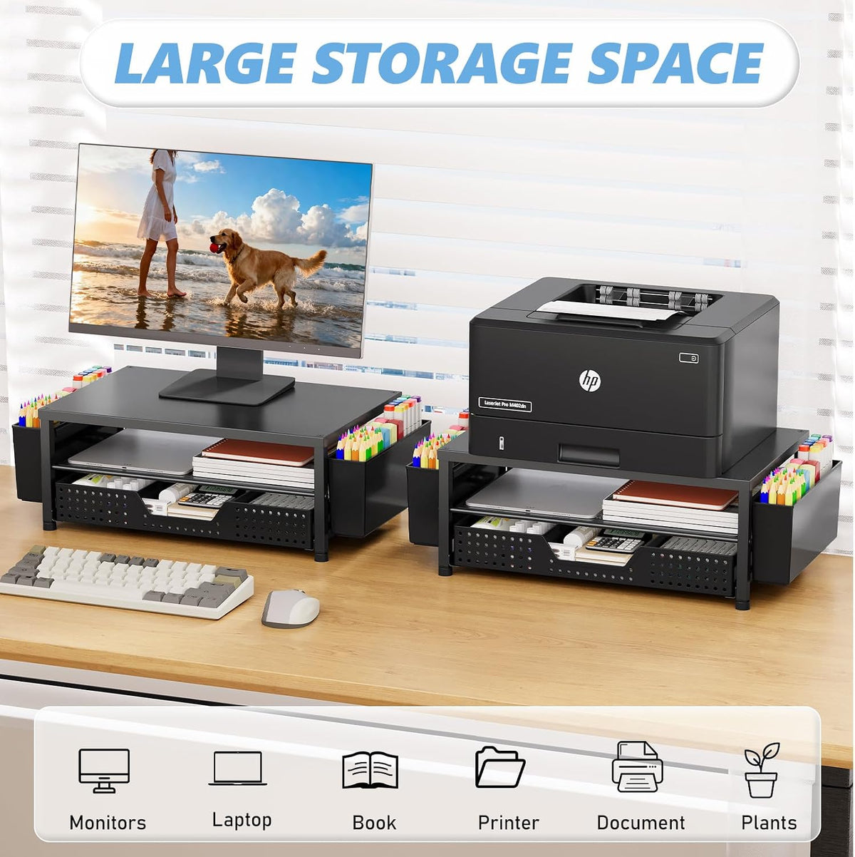 OPNICE Desk Organizers and Accessories, Computer Monitor Stand Riser with Drawer and 2 Pen Holders, Printer & Laptop Stand, Office Desk Accessories & Workspace Organizers for Home Office Supplies, Black 2-Pack
