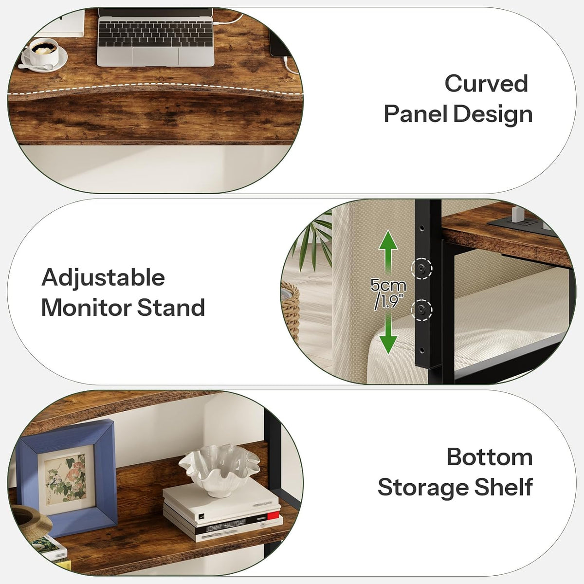 CHOEZON Rolling Computer Desk with Charging Station, 31.5 Inch Mobile Desk with Adjustable Monitor Stand & Storage Shelf, Laptop Table for Home Office, Small Space, Rustic Brown and Black TDN03UBF