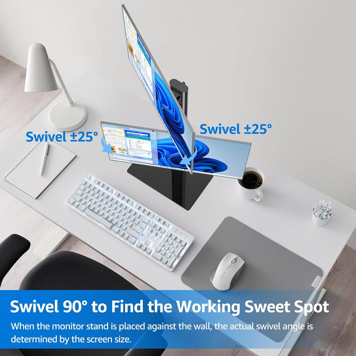 MOUNTUP Vertical Dual Monitor Stand, Stack Two Screens up to 32 inches,33 Lbs, Free-Standing Monitor Desk Mount, Monitor Riser with Swivel, Tilt, Height Adjustable, VESA Stand 100 x 100mm, 75 x 75mm