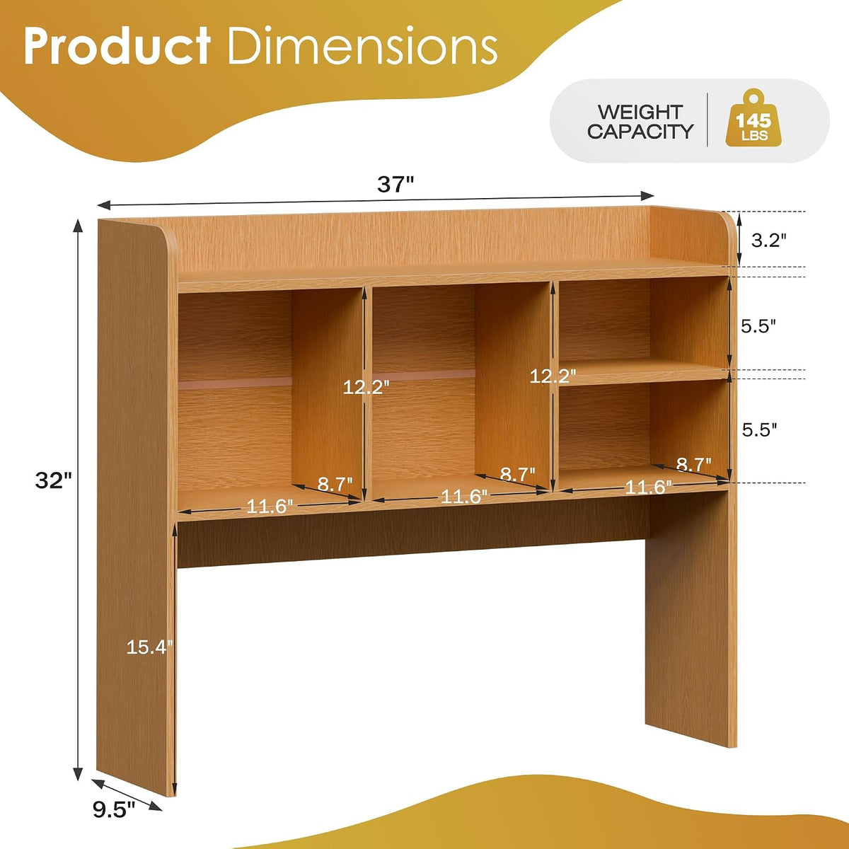 Nova Microdermabrasion Wooden Desktop Bookshelf with 6 Shelves–3-Tier Desk Organizer Hutch for Computer Desk, Home or Office (Natural)