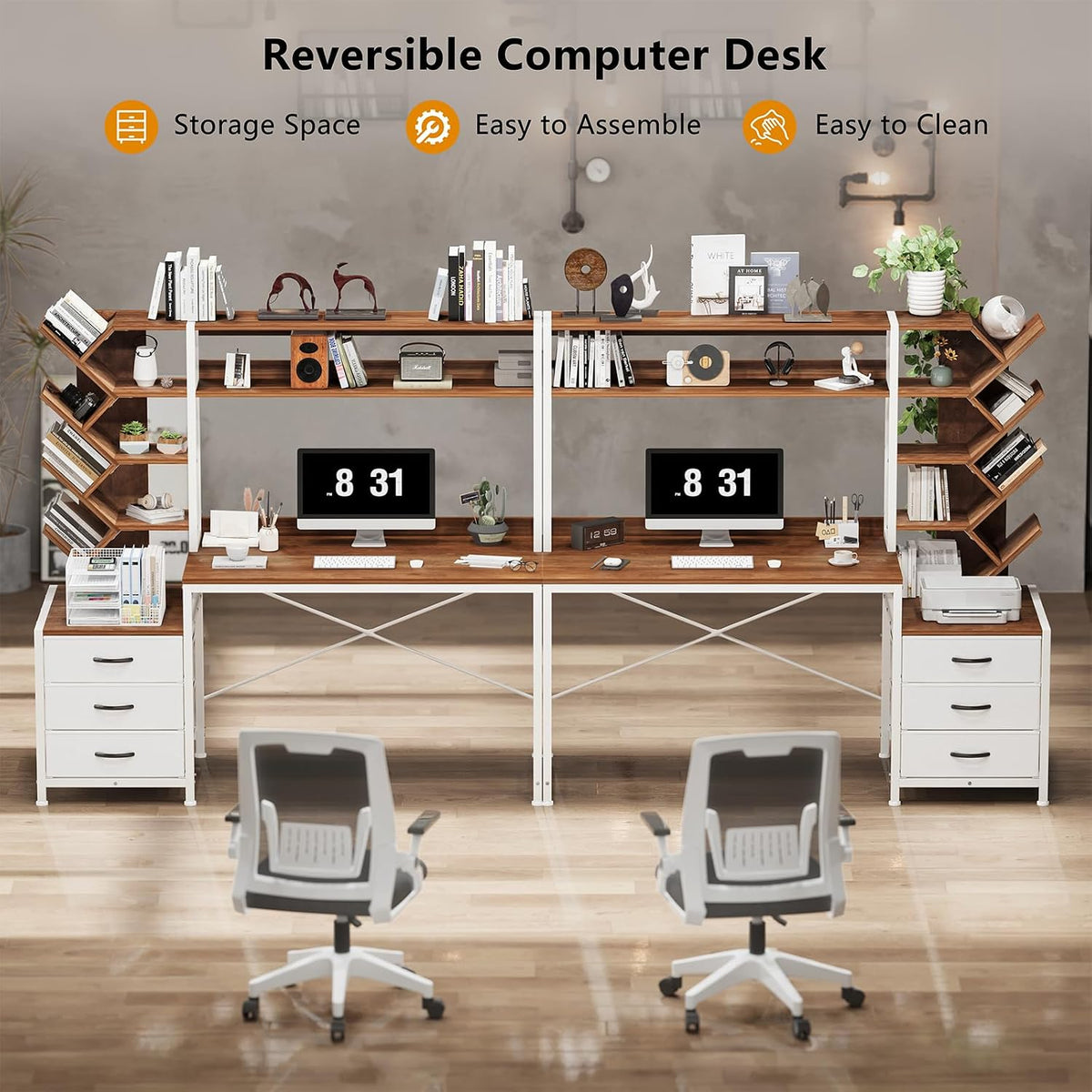 YOMILUVE 52" Computer Desk with Bookshelf, 3 Drawers ＆ Hutch for Bedroom