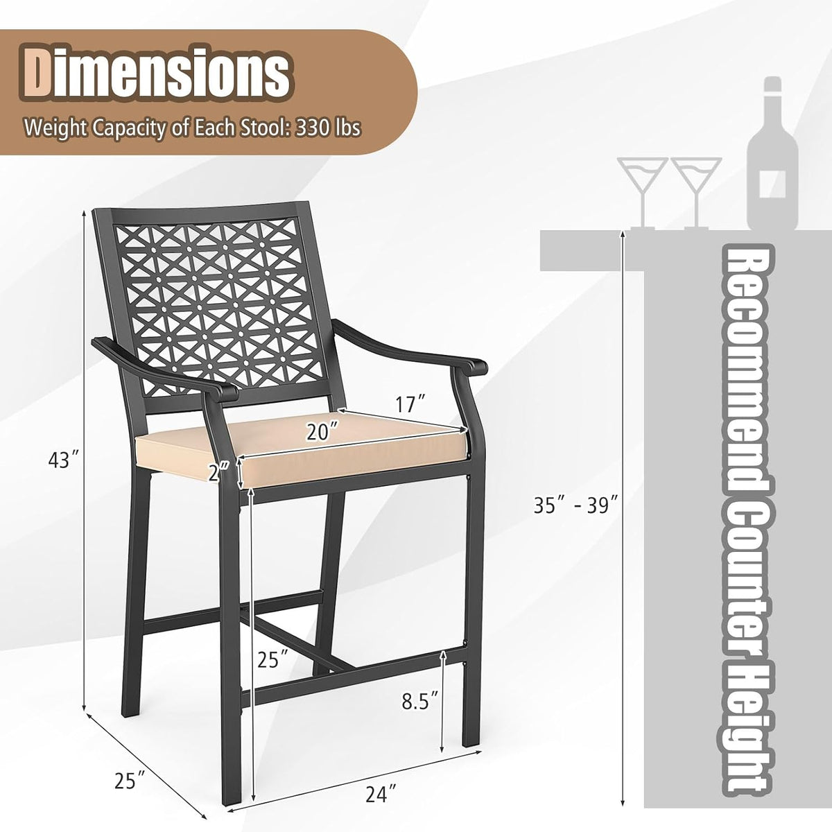 COSTWAY Set of 2 Outdoor Bar Stools, 25" Metal Patio Chairs w/Cushions