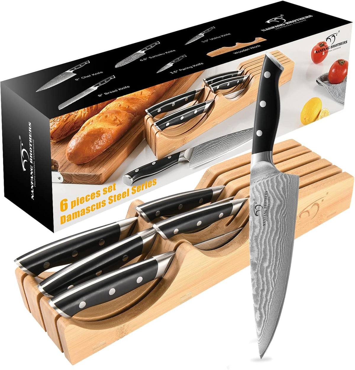 NANFANG BROTHERS Knife Drawer Organizer with 5 Pieces Damascus Knives