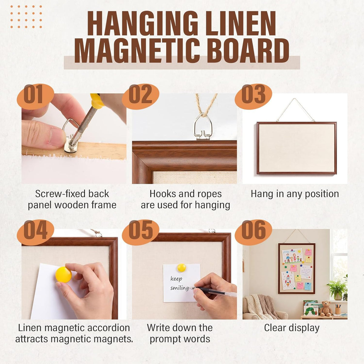 Magnetic Linen Bulletin Board Wood for Wall, 30 x 20'', Walnut