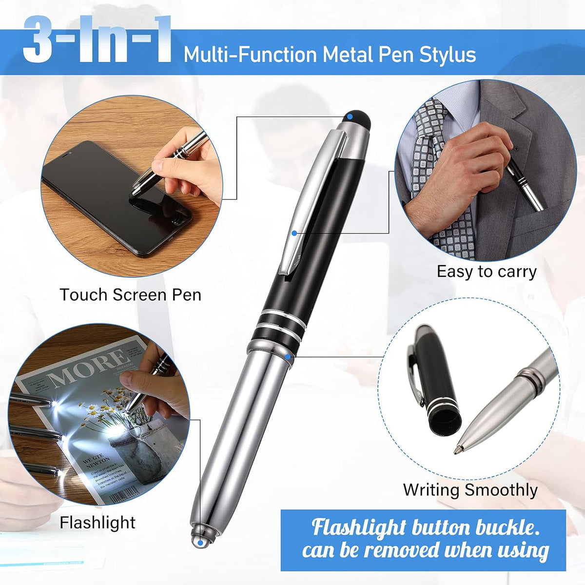 Zonon 30 Pieces Stylus Pen for Touch Screens Light Flashlight Pen 3 in 1 Multi-function Capacitive LED Ballpoint Pens 1.0 mm Black Ink Metal Tools with Light for Night Dark(Black)