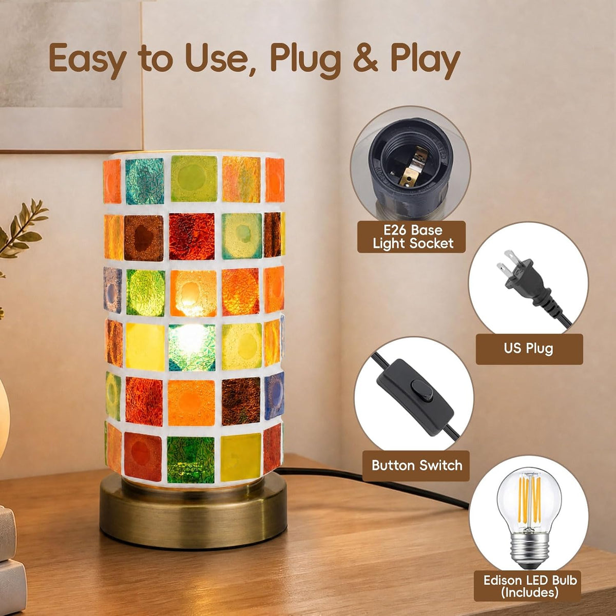 Mosaic Stained Glass Table Lamp for Bedroom Bedside, Bohemian Turkish Small Nightstand Lamp Night Light, Metal Base Round Colored Glass Shade Desk Lamp for Living Room Restaurant Bar (Bulb Included)