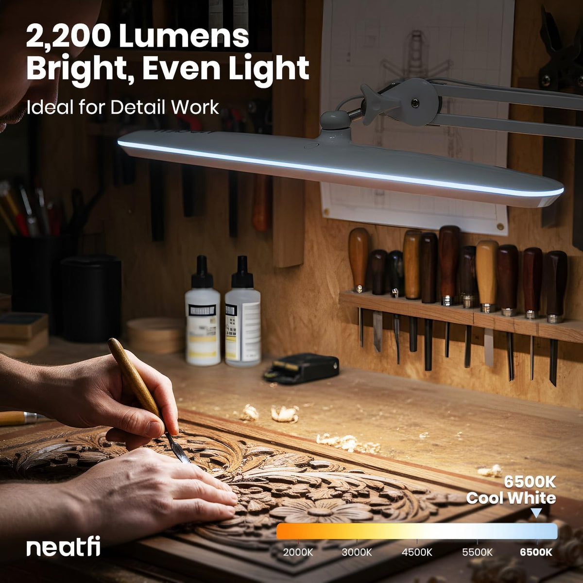 Neatfi LED Desk Lamp, 2200 Lumens, 24W, 23" Wide, Non-CCT (White)