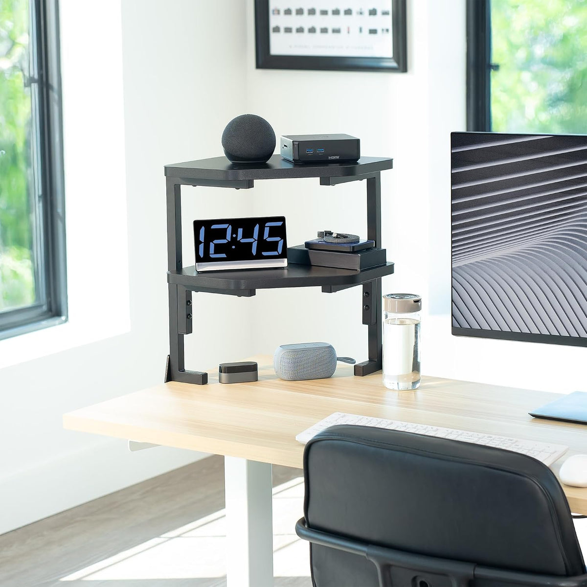 VIVO Black Corner Clamp-on 17 in 2-Tier Desk Shelf, STAND-SHELF2CR