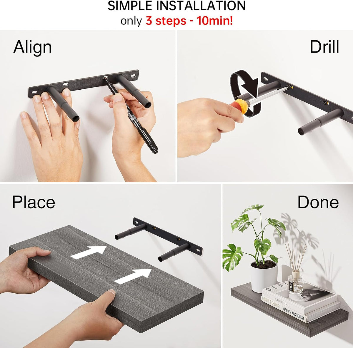 BAYKA Gray Floating Shelves 15.7in, Set of 4, Wall Mount Rustic Wood Shelf