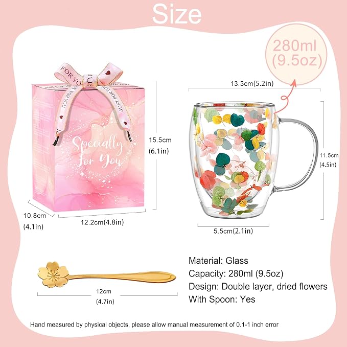 Gifts for Women Dried Flowers Double Wall Glass Coffee Mugs Cute Glass Tea Cups