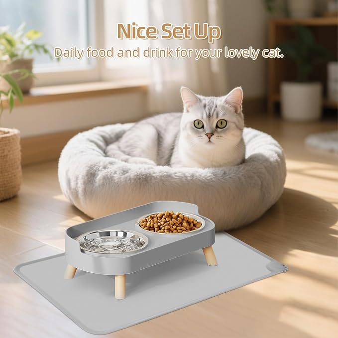 Elevated Cat Bowl with Food Mat, Raised Cat Food and Water Bowl Set