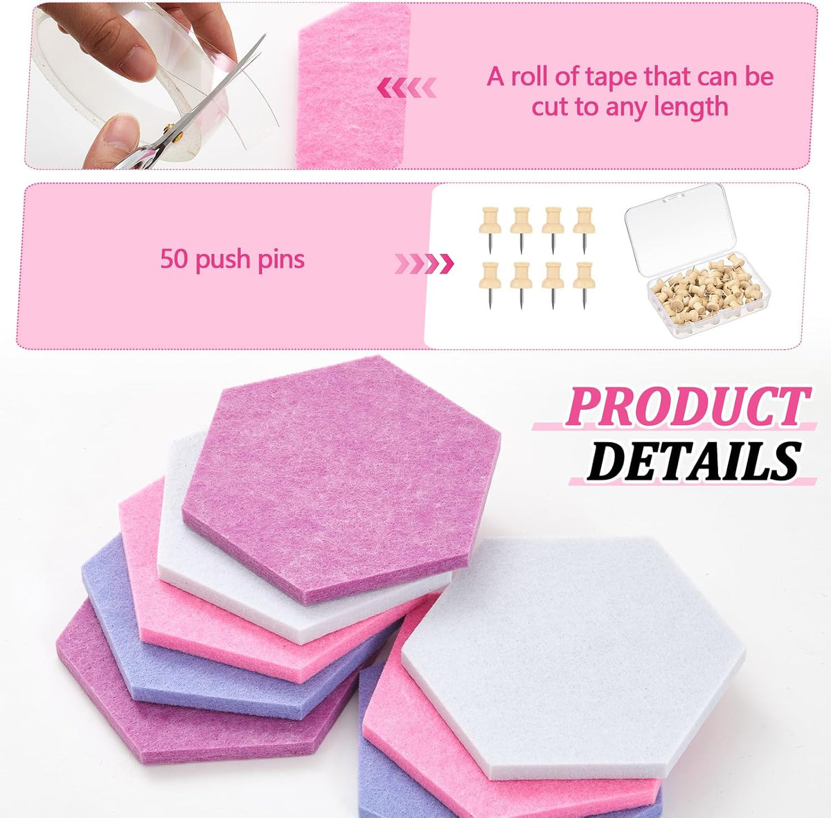 6.7 x 5.9 in 16 Pcs Hexagon Cork Board Tiles, Felt Pin Boards, Pink