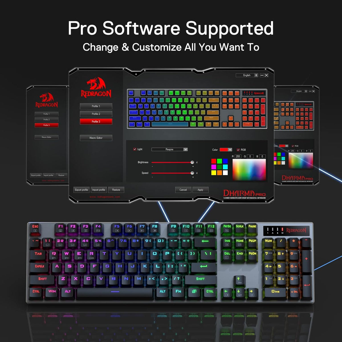 Redragon K556 PRO Wireless RGB Mechanical Gaming Keyboard, 104-Key Aluminum