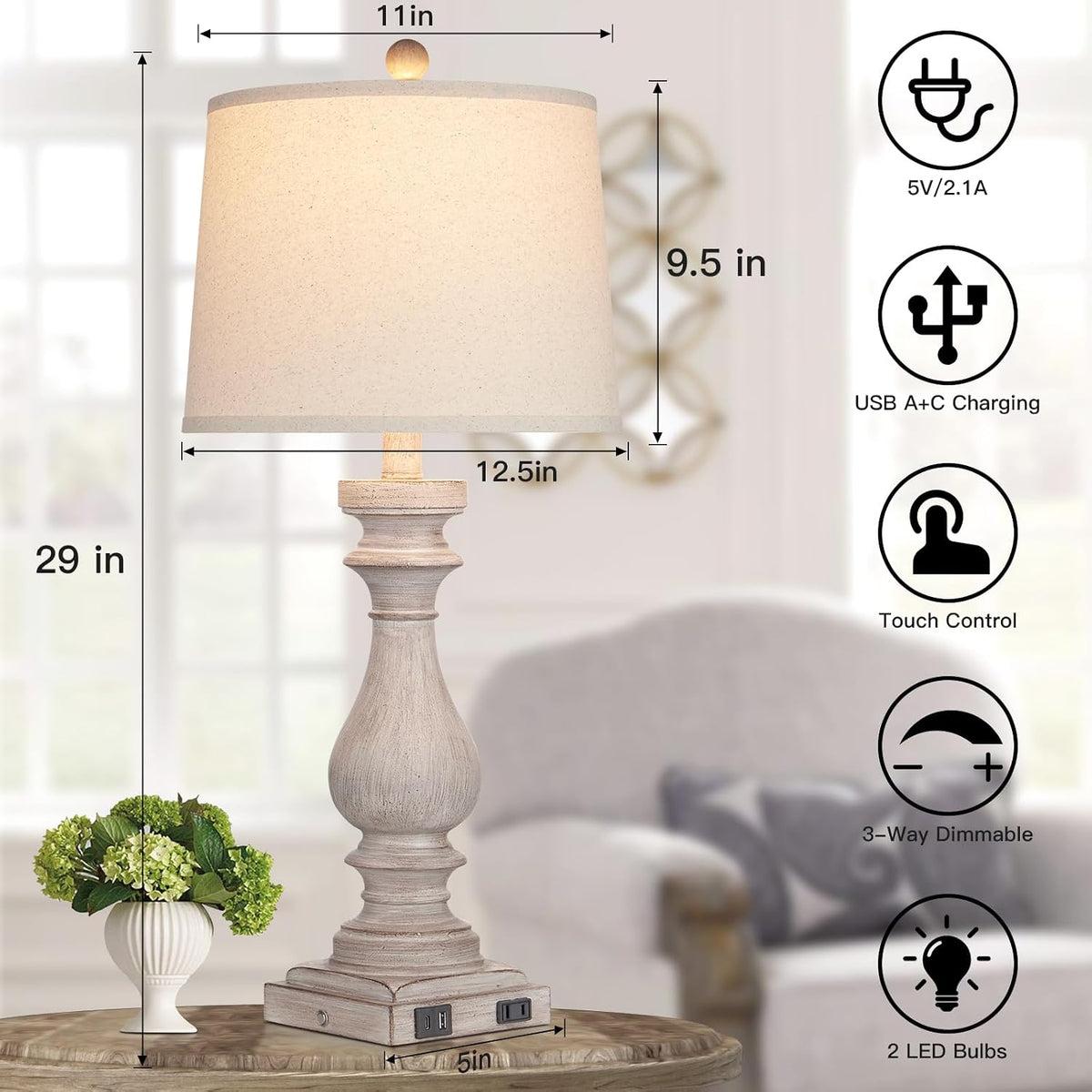 Cinkeda 29" Tall Table Lamp for Living Room Set of 2,Vintage Bedside Nightstand Lamps with USB C+A Ports & AC Outlet,3-Way Dimmable Touch Control Desk Lamp for Bedroom,Color 2