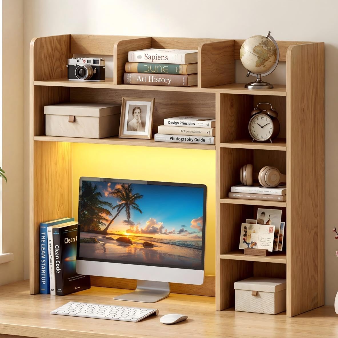 Desktop Bookshelf, Wood Countertop Bookcase with Shelves, Desk Hutch for College Dorm, Multipurpose Desk Organizer Shelf Display Rack for Home Office, Hutch Top Only (Natural, 8 Shelf)
