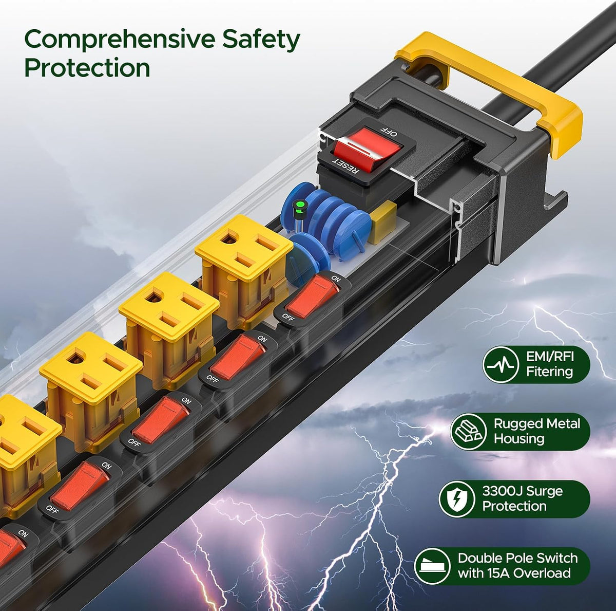 6 Outlet Heavy Duty Surge Protector Power Strip with Individual Switches