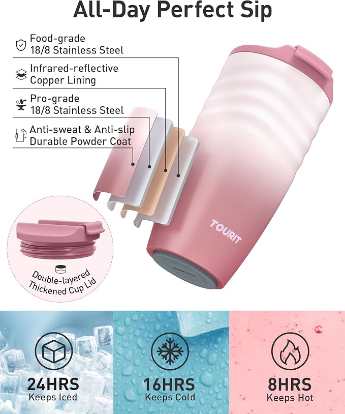 TOURIT 12 oz Travel Coffee Mug, Vacuum Insulated Stainless Steel Tumbler