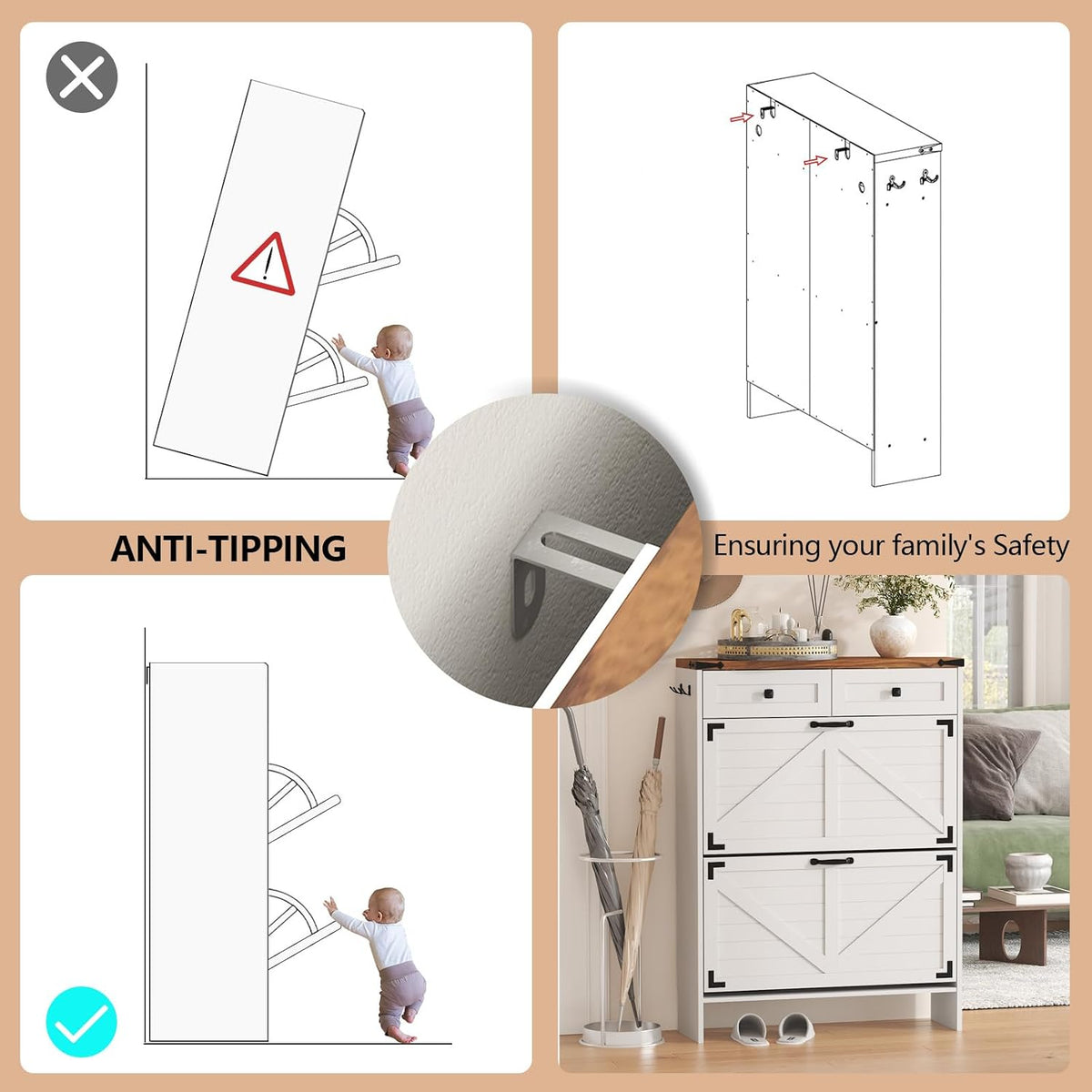 Shoe Cabinet with 2 Flip Drawers, Hidden Shoe Storage Cabinet with 2 Pull-Out Drawers, Farmhouse Shoe Organizer for Entryway, Narrow Shoe Rack for Front Door Entrance, White