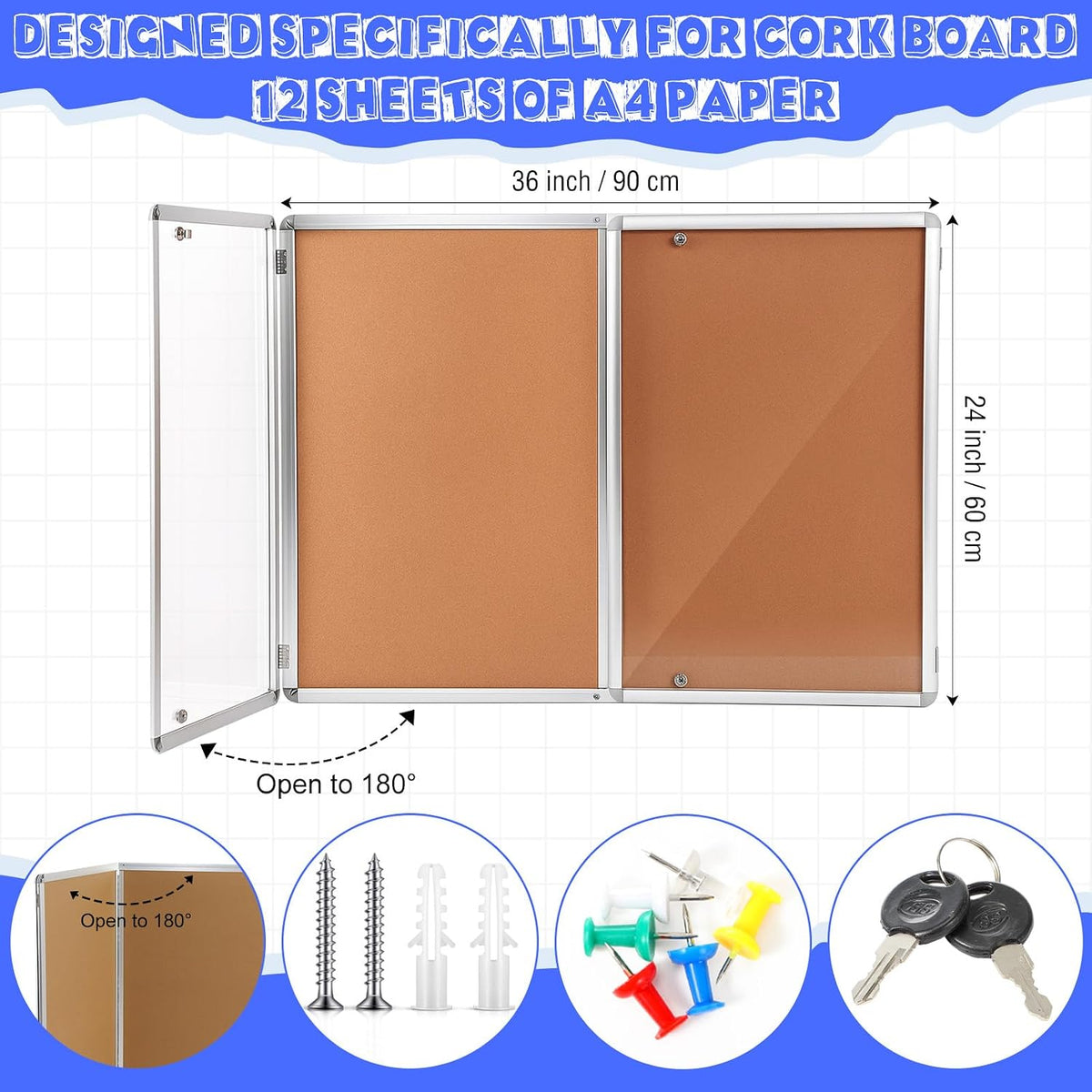 Motipuns 36" x 24" Enclosed Bulletin Board Weatherproof Lockable Outdoor Cork Case Display Board Wall Mounted 2 Locking Door Aluminum Frame for Office, School, Commercial, Hospital, Wood