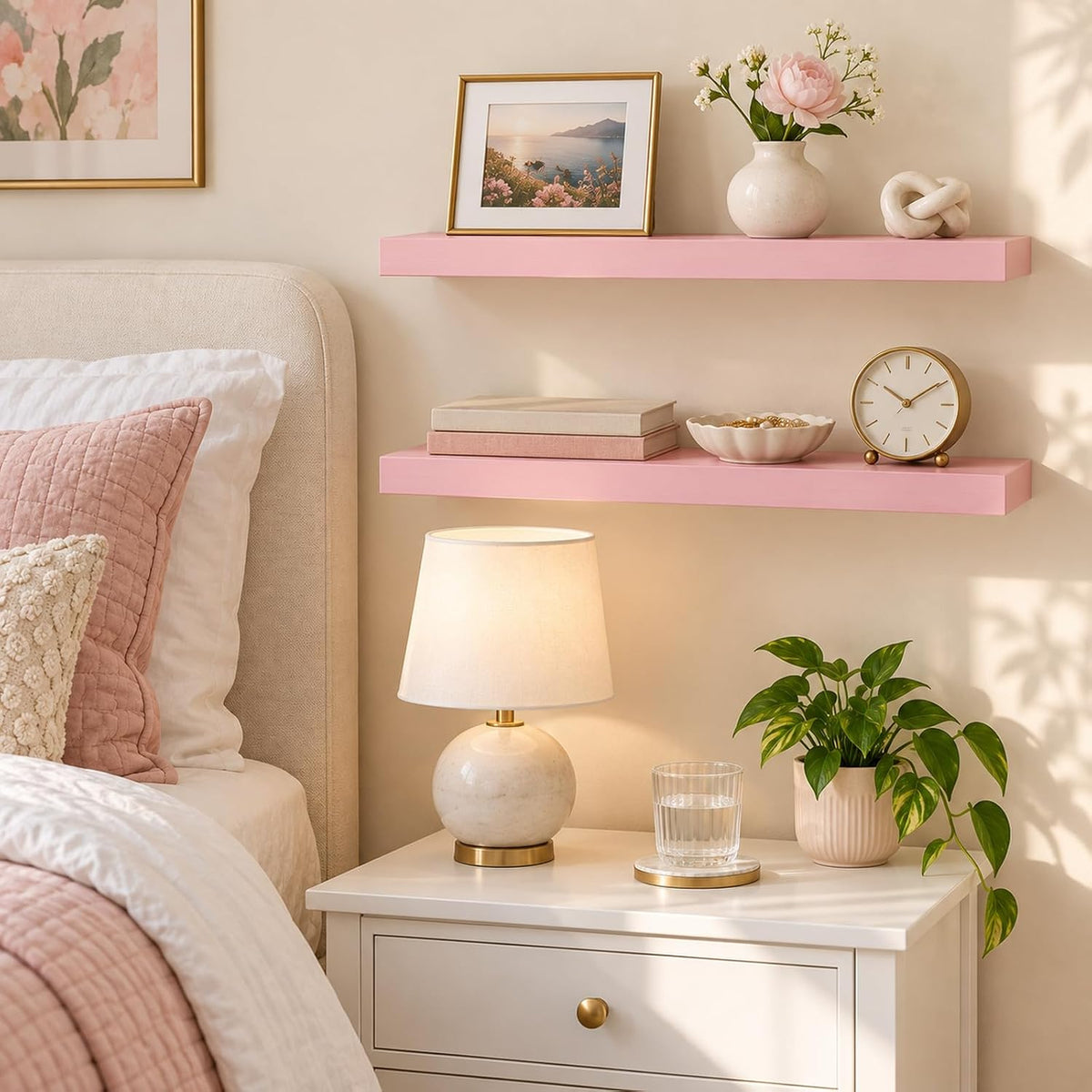 BAYKA Pink Floating Shelves 22.5in, Set of 2, Wall Mounted for Wall Decor