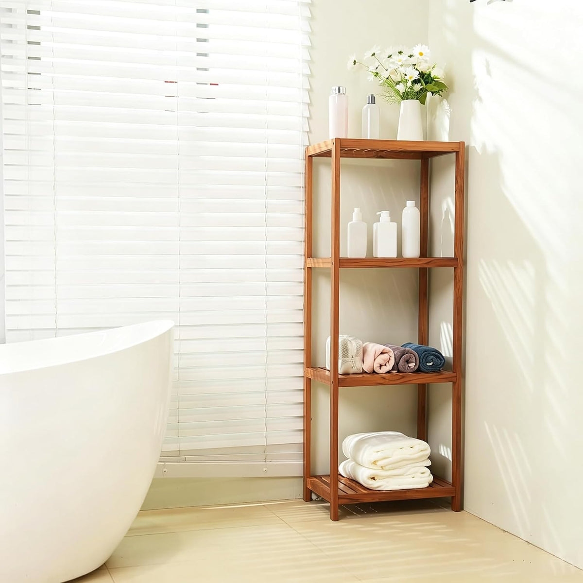 VaeFae Teak Bathroom Shelf, 4-Tier Storage Shelf, Wooden Stand Shelf Organizer for Bathroom, Kitchen, Living Room, Laundry, Garage