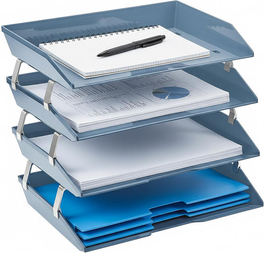 Acrimet 4 Tier Paper Letter Tray Side Load Letter Size, Office Desk File Document Organizer Plastic (Solid Blue)