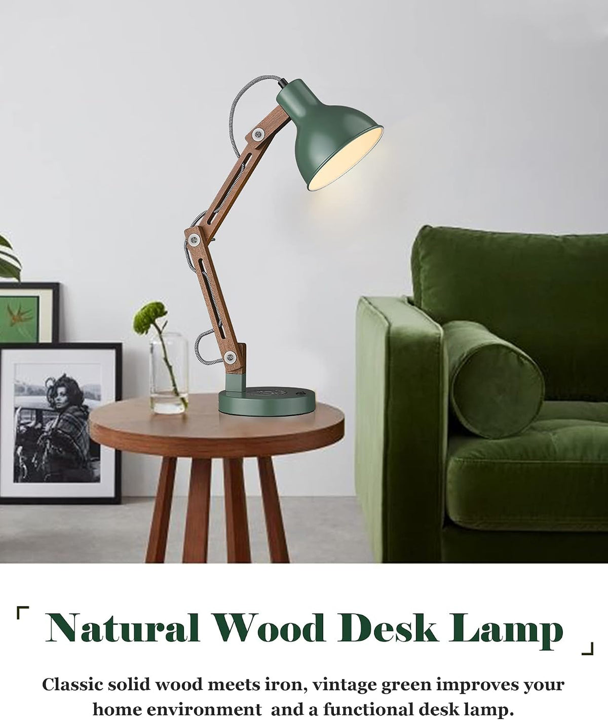 ELYONA LED Desk Lamp with Wireless Charger, Sapele Wood Reading Light with USB C Charging Port, Swing Arm Table Lamp for Home Office, College Dorm, Bedroom Living Room, Bulb Included, Vintage Green
