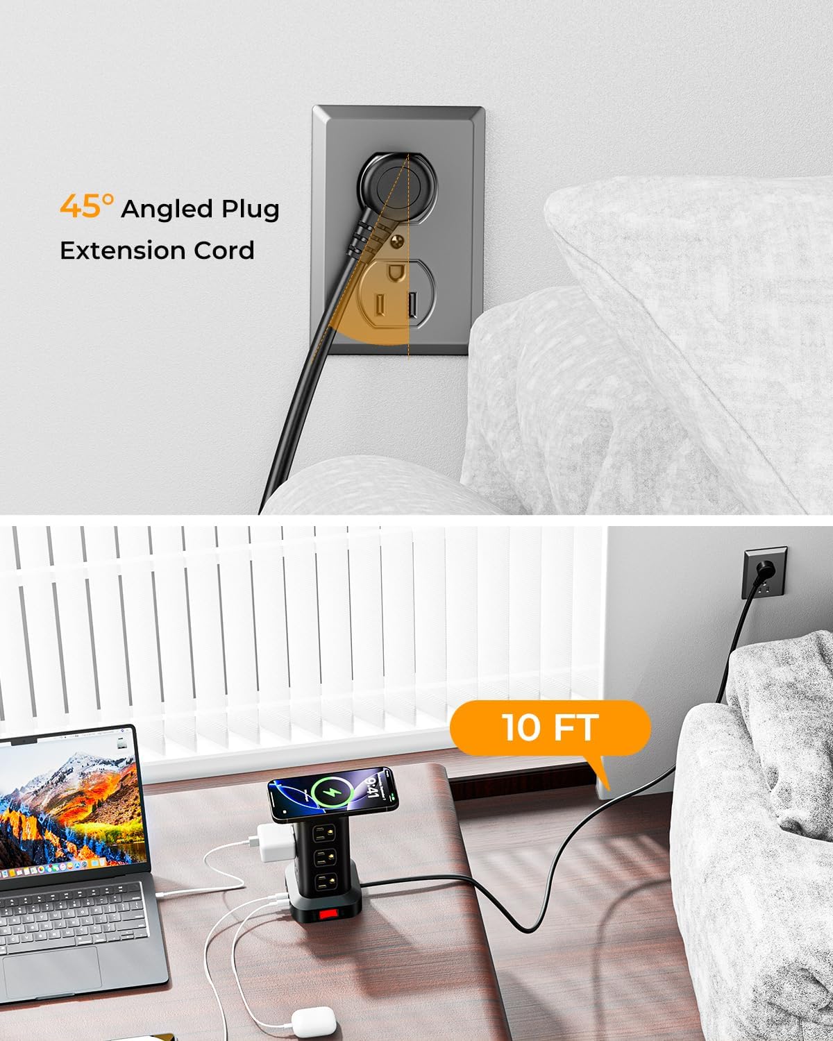 Power Strip with 12 Outlets 4 USB (1 USB C), 10Feet Extension Cord with Multiple Outlets, Charging Station, Power Strip Tower, Home Office Desk Supplies