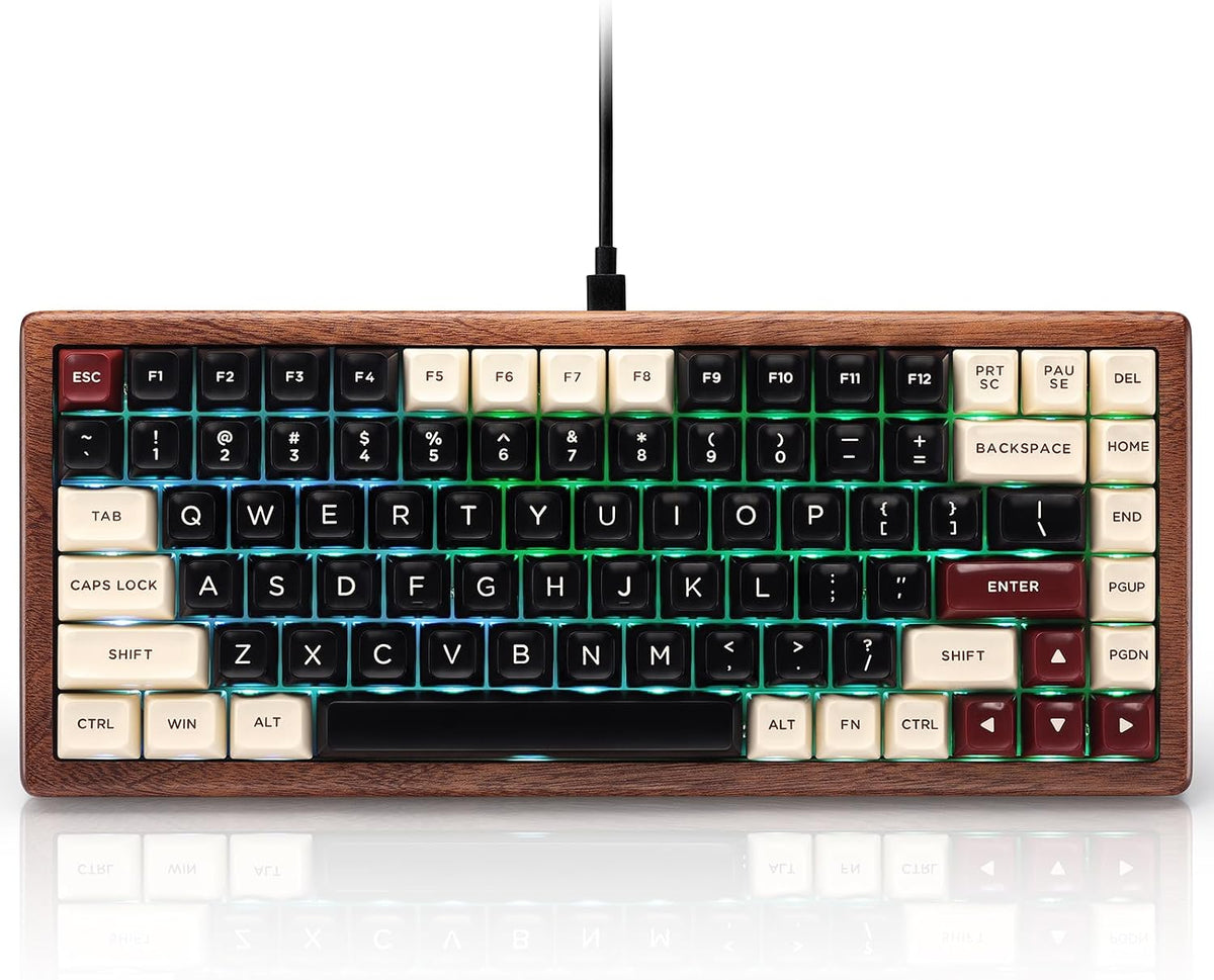 GLENCREAG WK84 USB-C Wired Wooden Mechanical Keyboard, 75% Layout 84 Keys, RGB Backlit, Hot-Swappable Green Switches, QMK/VIA Programmable, for Gaming & Typing