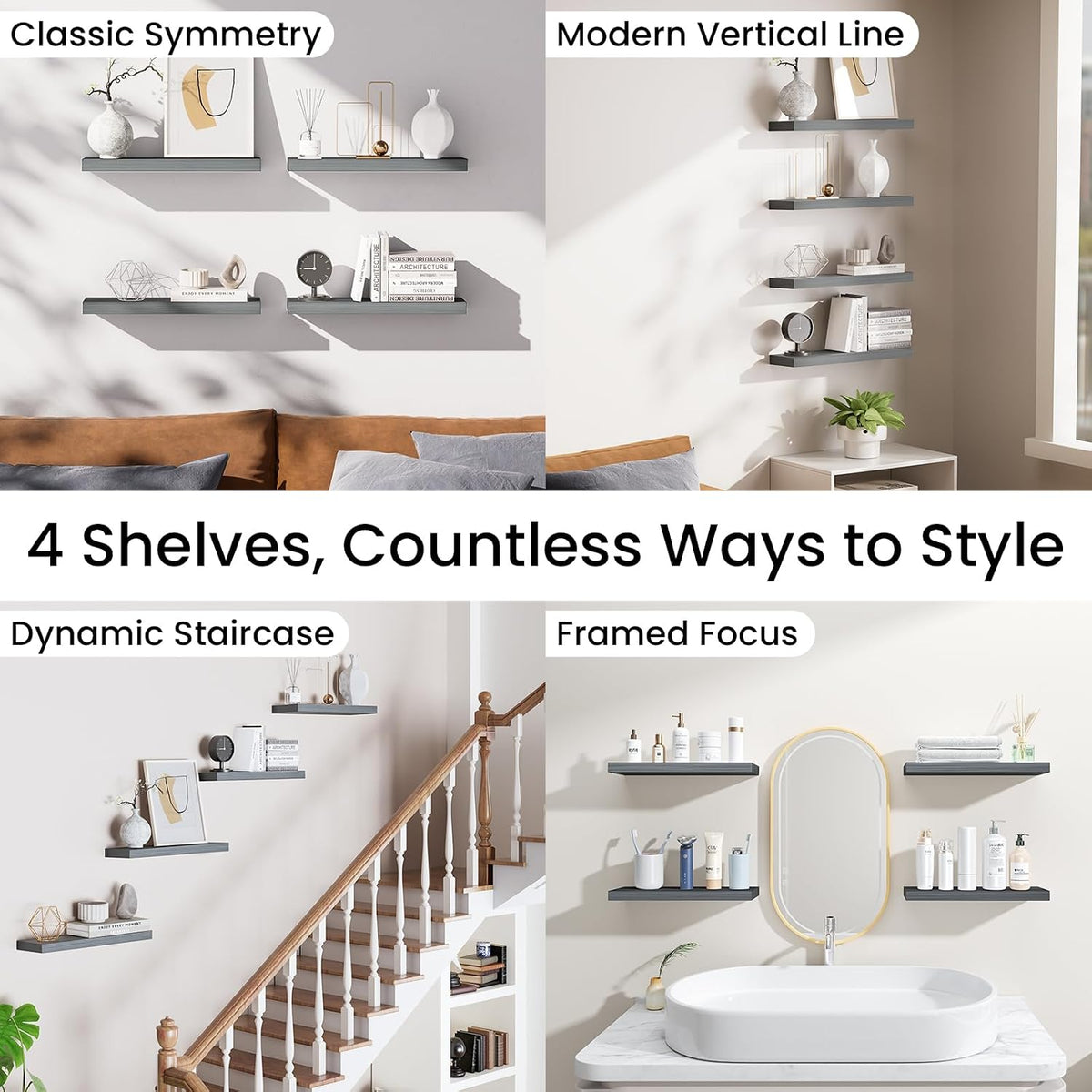 BAYKA Gray Floating Shelves 15.7in, Set of 4, Wall Mount Rustic Wood Shelf