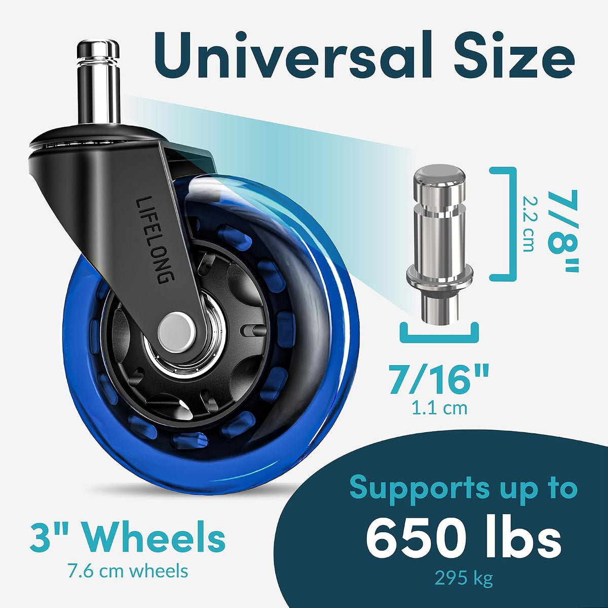 Lifelong Office Chair Wheels Replacement, Heavy Duty, Blue, 5-Pack Fits 98%