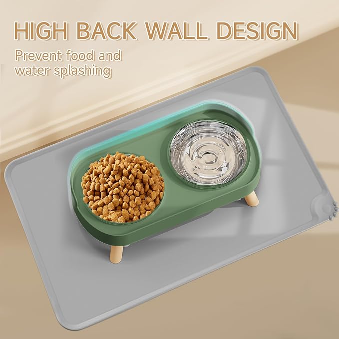 Elevated Cat Bowl with Food Mat, Raised Cat Food and Water Bowl Set