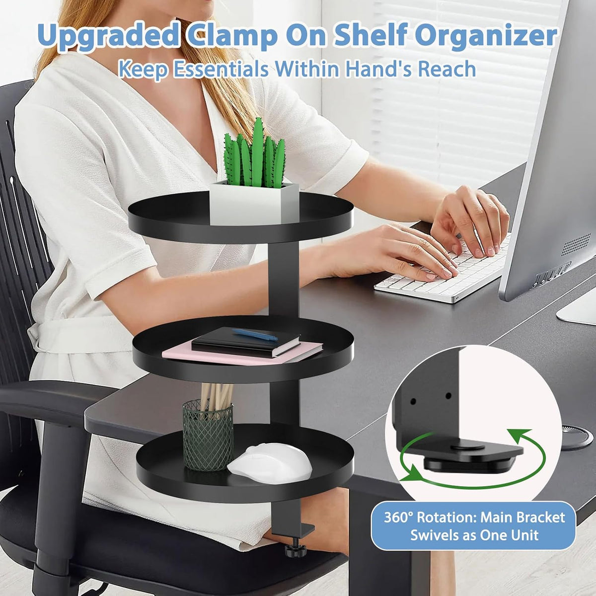 Swivel Clamp On Desk Shelf with 9.8in Adjustable Metal Storage Tray Above or Under Desk Storage 3-Tier Desk Extension Shelving Unit No Drilling Desktop Shelves for Max Desktop Thickness 2.4in