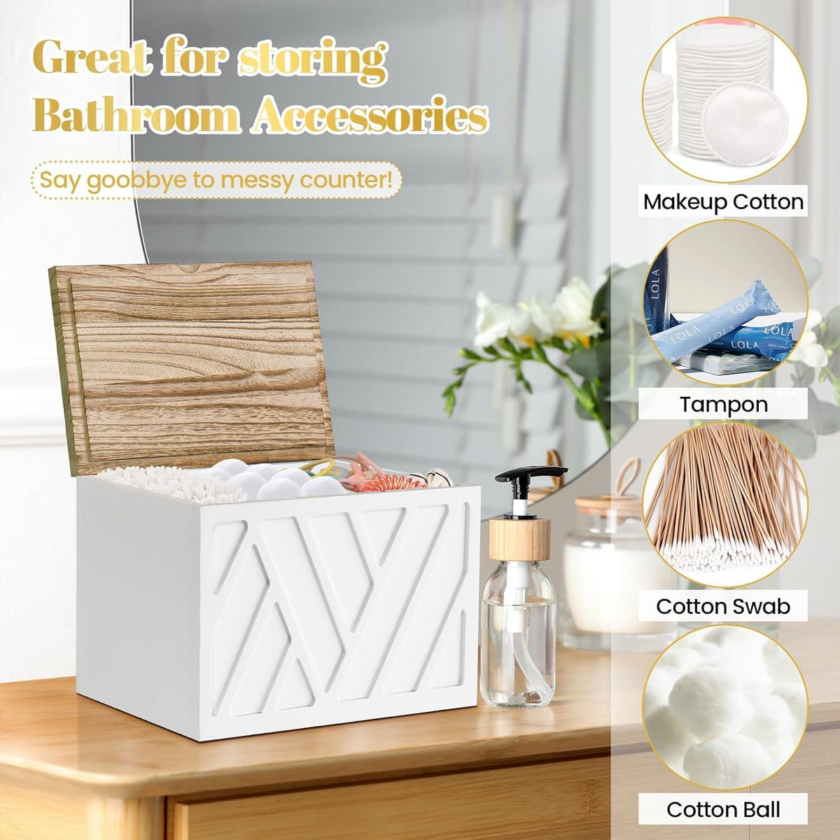 Jorkol 2 PCS White Tampon Holder for Bathroom Decor, Feminine Product Organizer with Lid, Shark Week Tampon Storage, Wood Pad and Tampon Organizer for Toilet Organizer, Bathroom Accessories Box