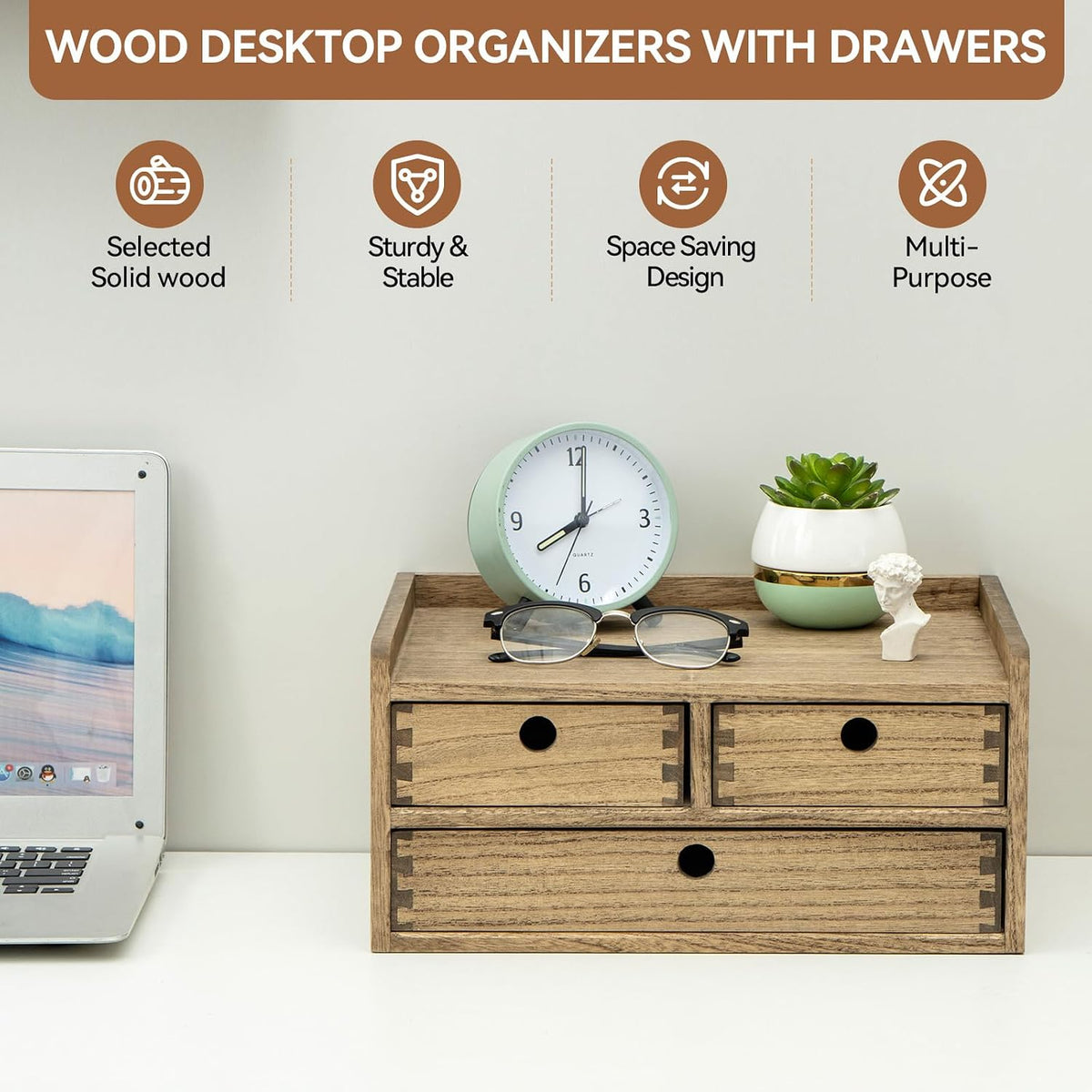 KIRIGEN Wooden Desk Organizer with 3 Drawers and Top Shelf Brown DT2D3C-DBR