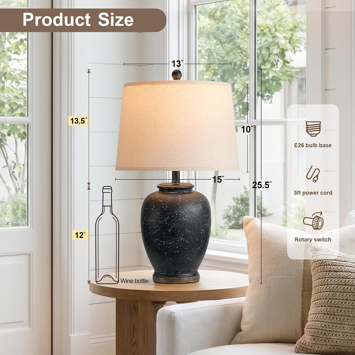 USumkky 25" Vintage Ceramic Table Lamp for Living Room Bedroom Matte Black