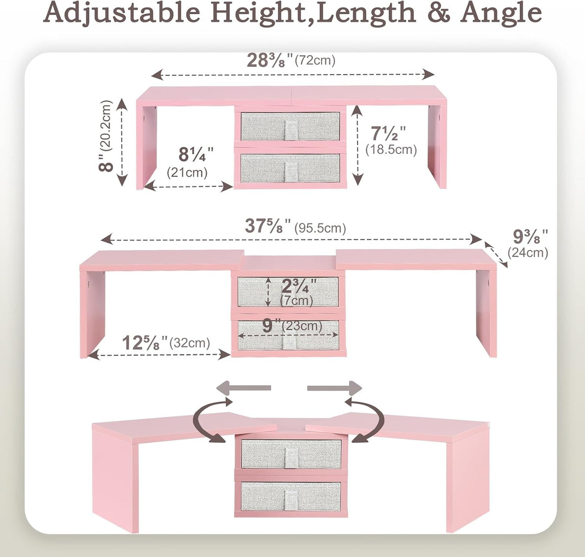 TEAMIX Pink Dual Monitor Stand Riser with 2 Drawers - Length and Angle Adjustable Double Corner Desk Shelf Organizer 37 inch for 2 Laptop/PC/Screen/TV (2 Drawers - 8''H)