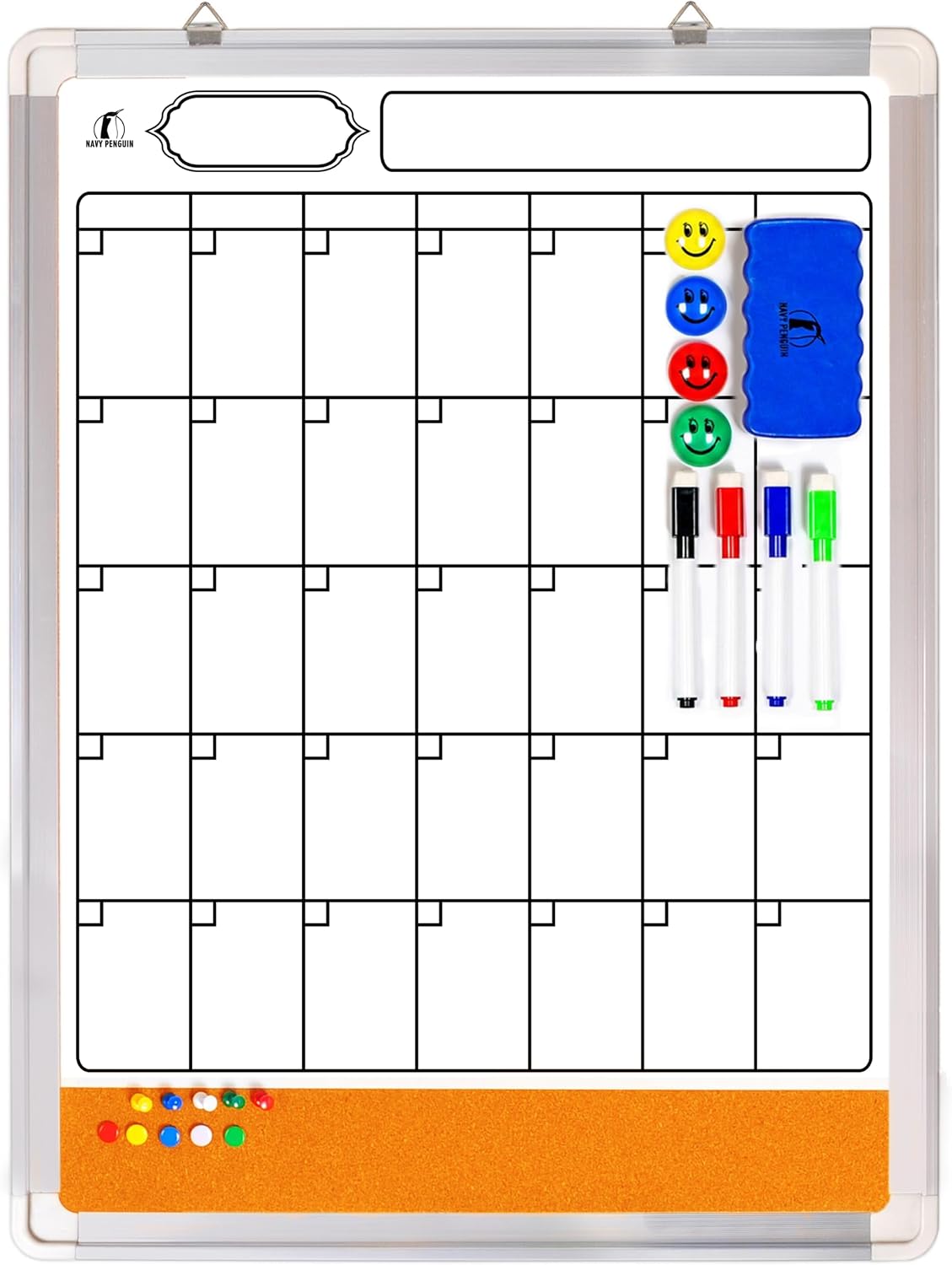 Dry Erase Calendar for Wall - Whiteboard Calendar with Cork Board 18x24 in