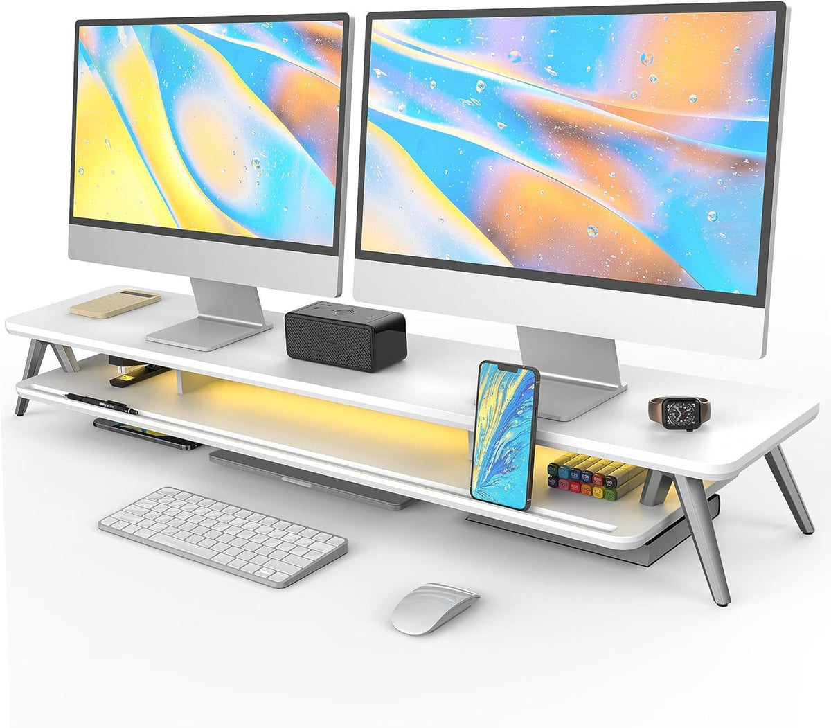 Fenge Dual Monitor Stand Riser with 12 Color RGB Light for Office Desk, White