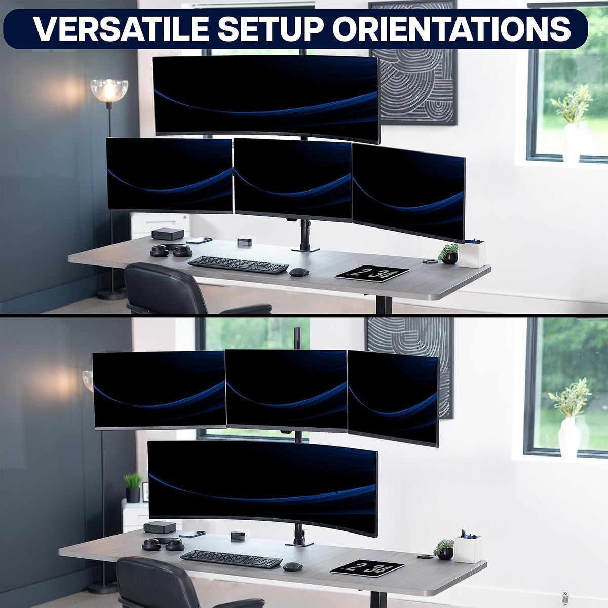 VIVO Quad Monitor Extra Tall Desk Mount for up to 49 inch Ultrawides on Top Bracket and 27 inch Screens on Lower Brackets, Holds up to 44 lbs, Black, STAND-V104T