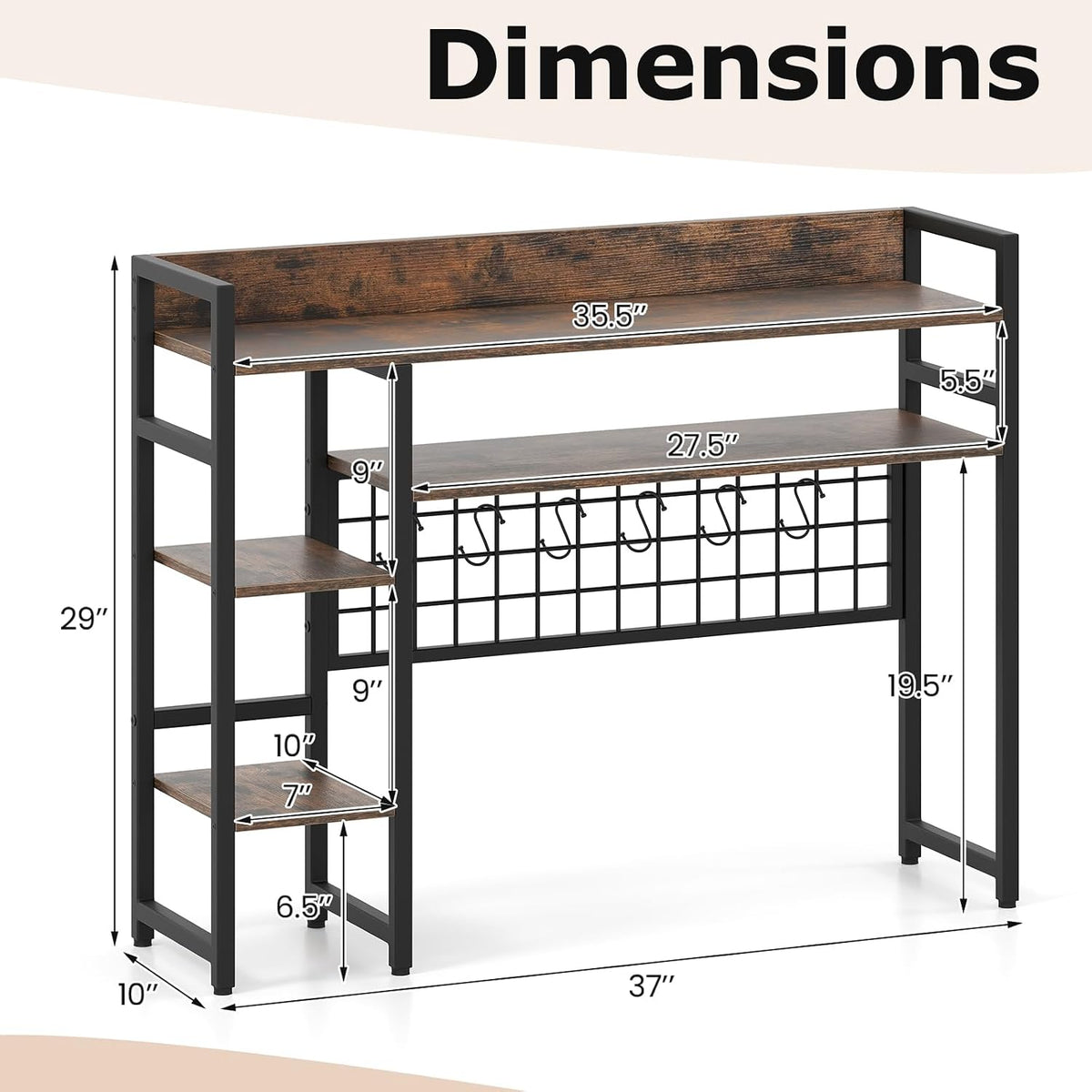 GOFLAME Desktop Bookshelf, 37 Inch Desk Shelf for Computer Monitor, 4-Tier Desk Hutch with Grid Panel 6 Hooks Set, Industrial Countertop Storage Organizer Shelf for Home Office, Dorm (Rustic Brown)
