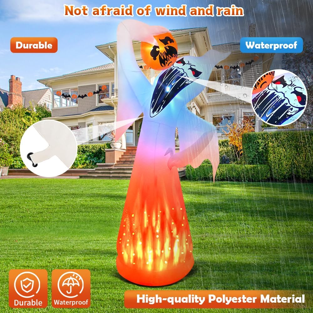 10 FT Halloween Inflatables Ghost with Pumpkin Decoration, Built in Flame Rotation LEDs Huge Halloween Inflatable Large Spooky Blow Ups Halloween, Party, Indoor, Outdoor, Garden, Yard Lawn
