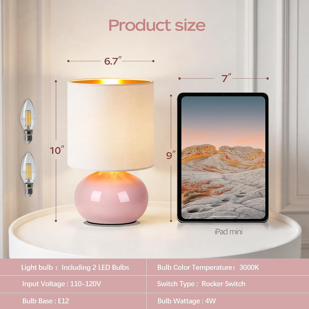 Hamucd Ceramic Table Lamps Set of 2, Modern Classic Bedside Lamps for Nightstand, Small Table Lamp for Bedroom Living Room Desk End Table (Pink)