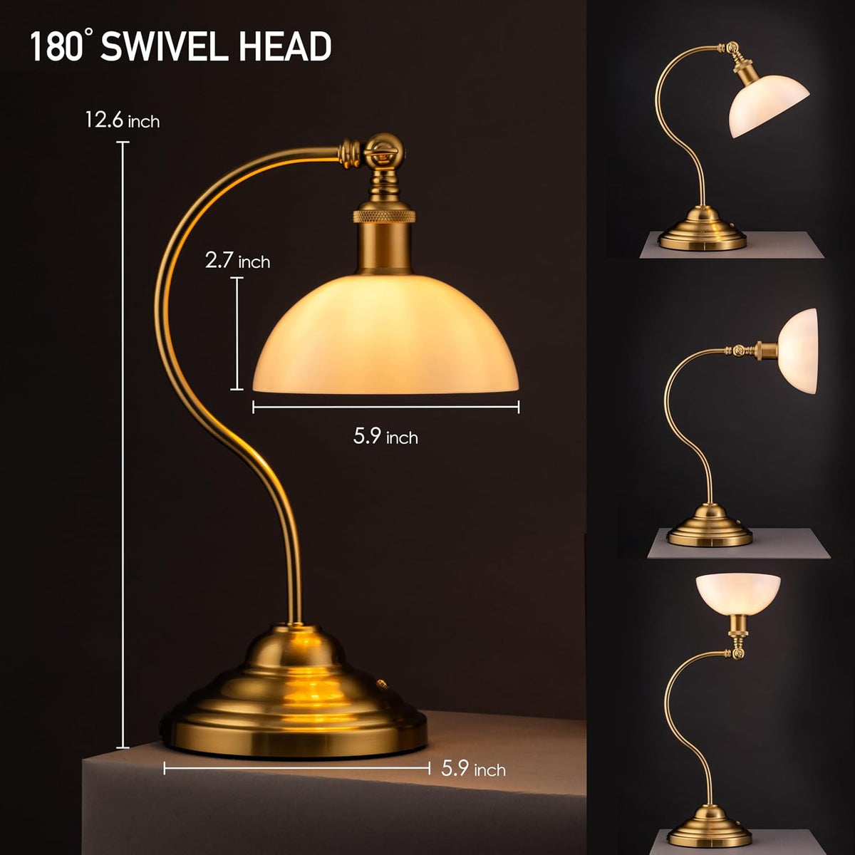 O'Bright Bankers - Cordless LED Table Lamp, Battery-Operated, Rechargeable, 3-Level Dimming, Universal USB-C Charging, 180° Swivel Head, White Jade Glass Shade, Antique Brass